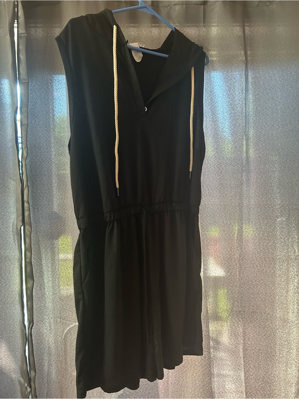 Black Hooded Sleeveless Romper with Drawstring